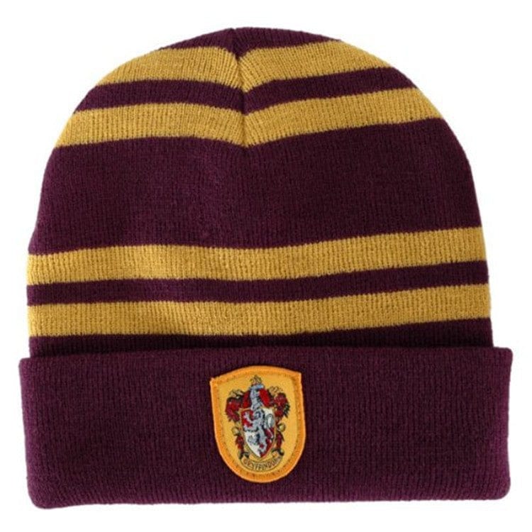 Premium Maroon & Mustard Striped Winter Knit Beanie with Embroidered Crest