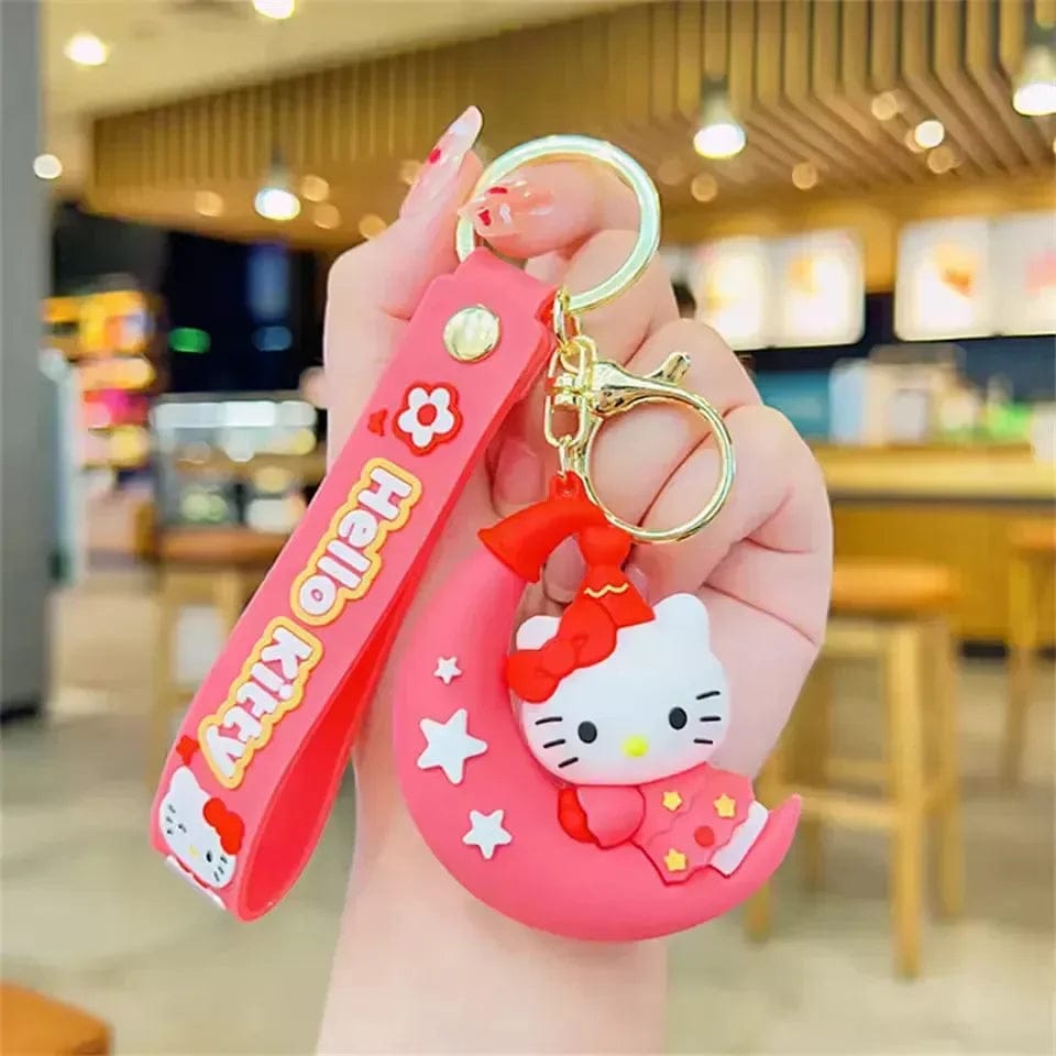 Hello Kitty Keychain | Cute Cartoon PVC Key Ring with Strap & Moon Charm | Stylish Bag & Bike Accessory | Gift for Girls