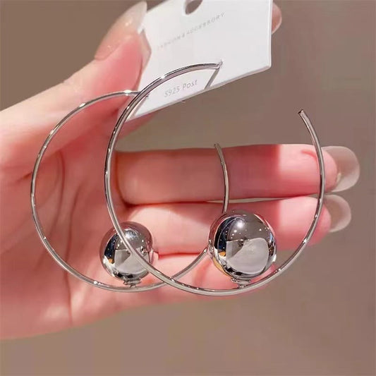 Modern Geometric Hoop Earrings – Sterling Silver with Metallic Orb Accent