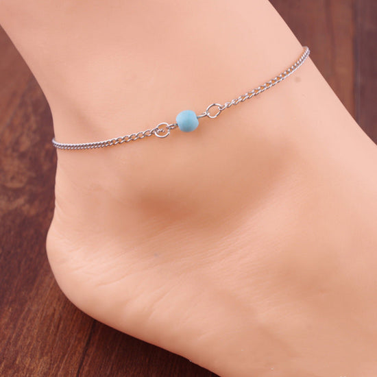 Delicate Silver Anklet with Blue Bead Charm – Minimalist Foot Jewellery