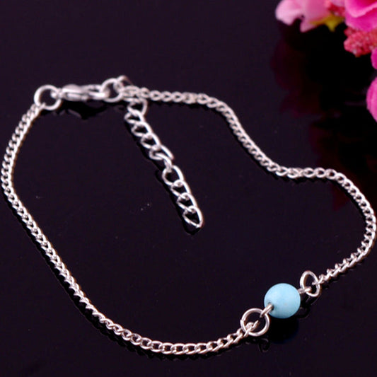Delicate Silver Anklet with Blue Bead Charm – Minimalist Foot Jewellery