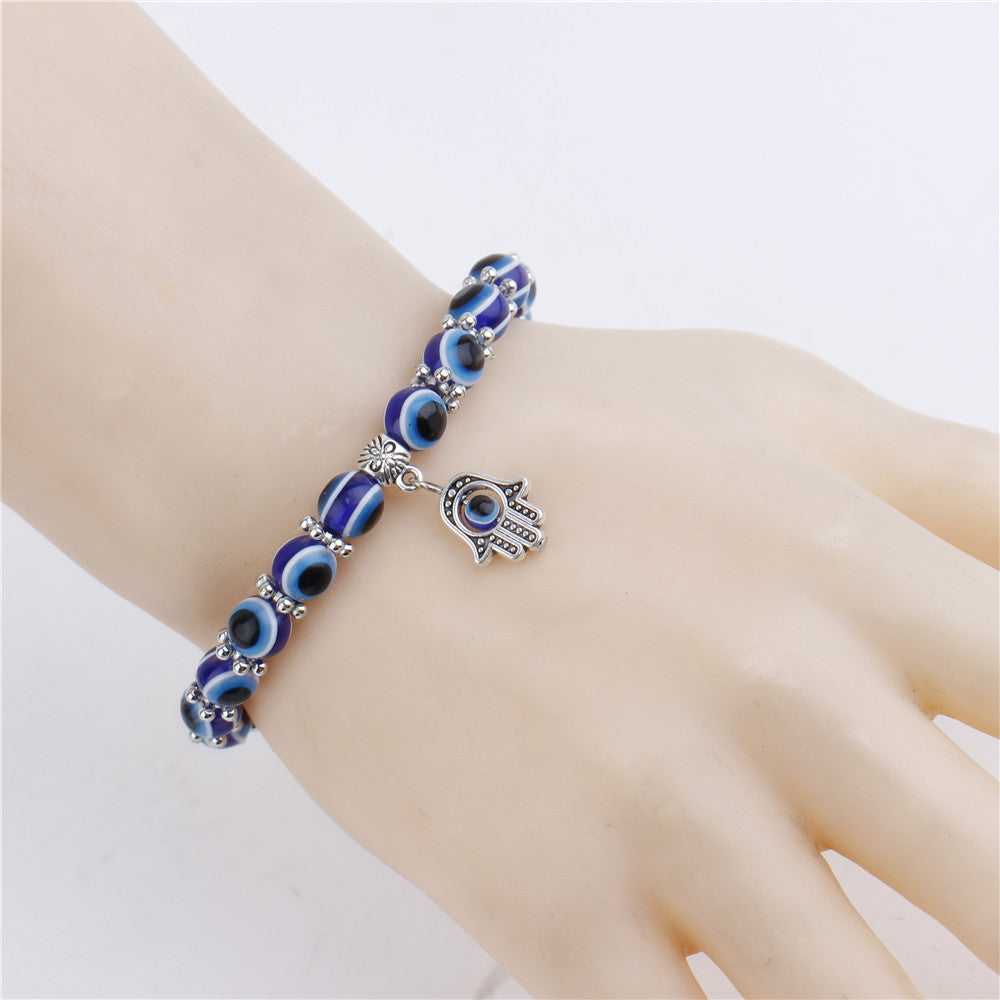 Blue Evil Eye Beaded Bracelet with Hamsa Charm – 8mm Beads