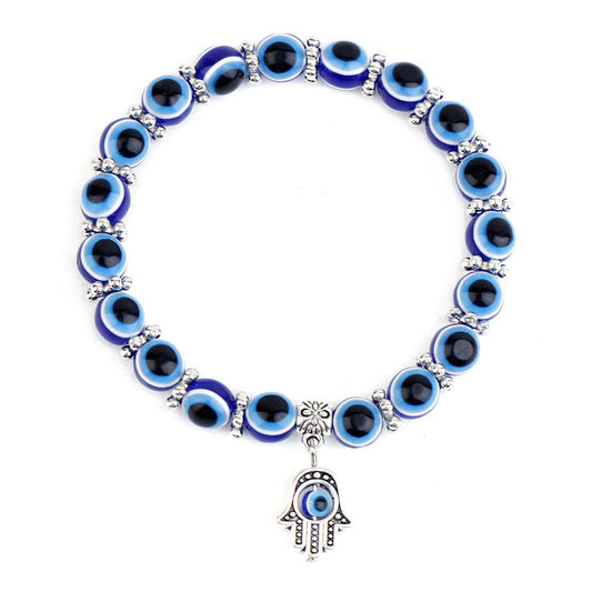 Blue Evil Eye Beaded Bracelet with Hamsa Charm – 8mm Beads