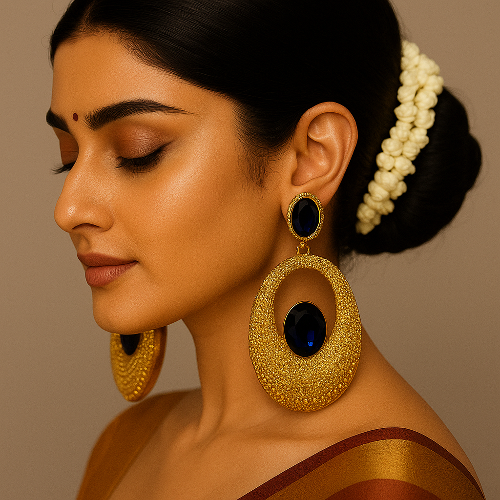 Royal Gold Oval Statement Earrings with Deep Blue Stones