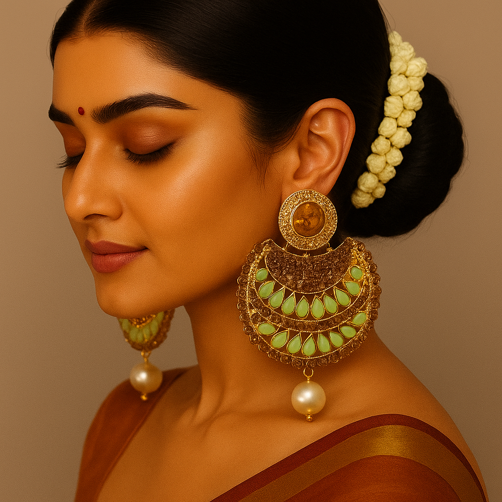 Mint Green & Gold Crescent Statement Earrings with Pearl Drop