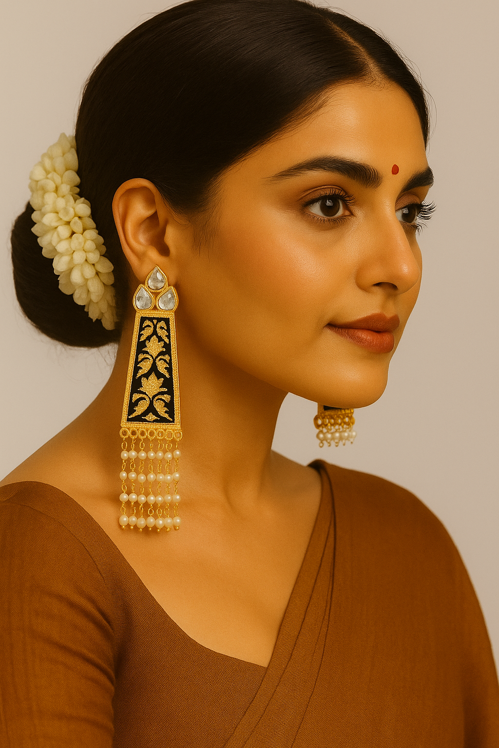Elegant Black & Gold Meenakari Long Earrings with Pearl Dangling Chains