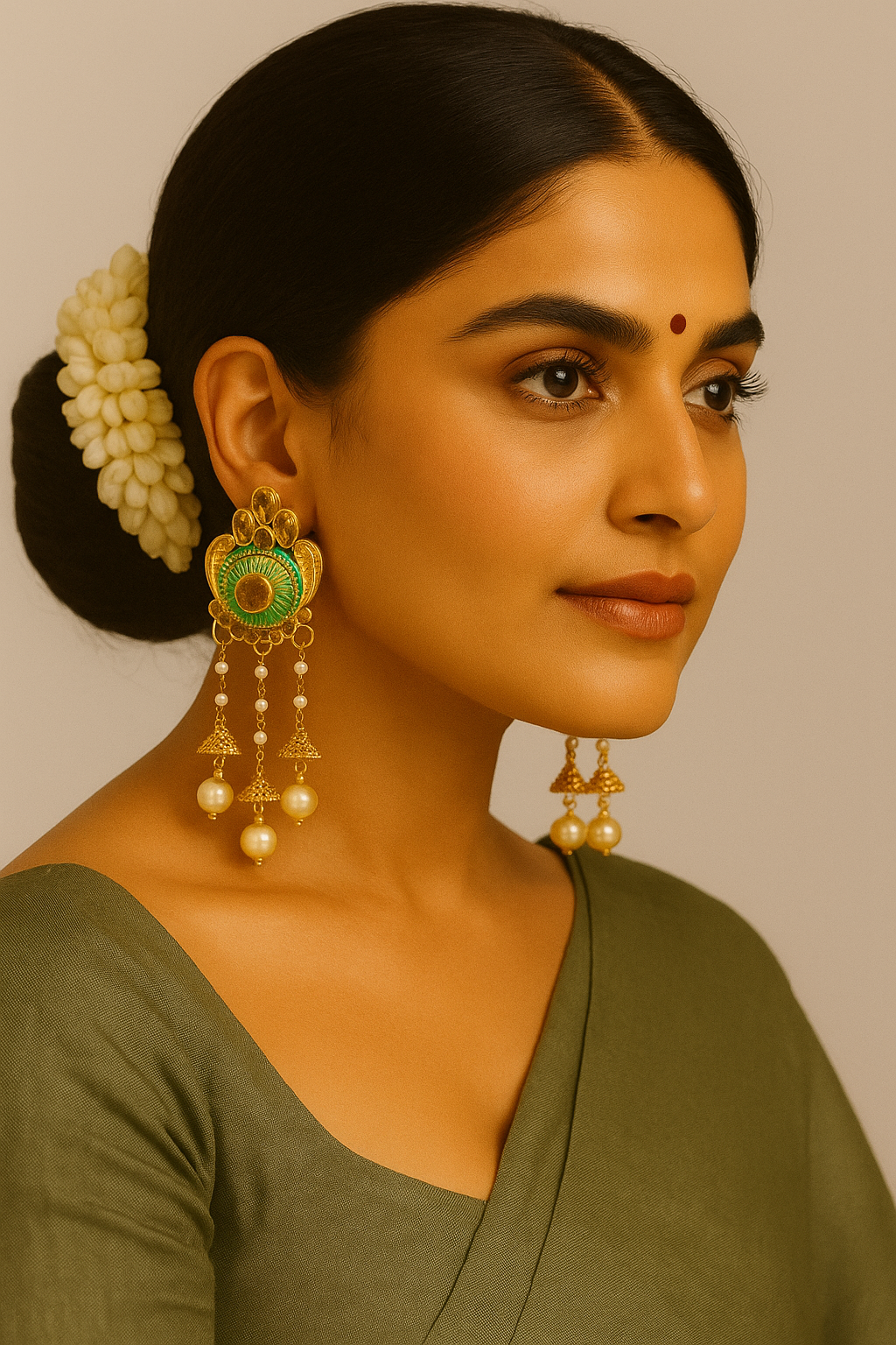 Traditional Green & Gold Meenakari Long Earrings with Pearl Drops