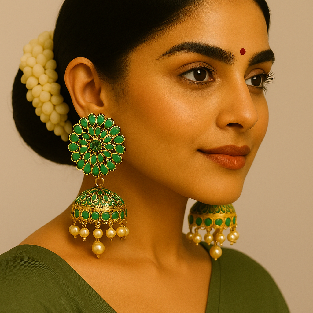Elegant Green Kundan Floral Jhumka Earrings – Premium Ethnic Jewelry