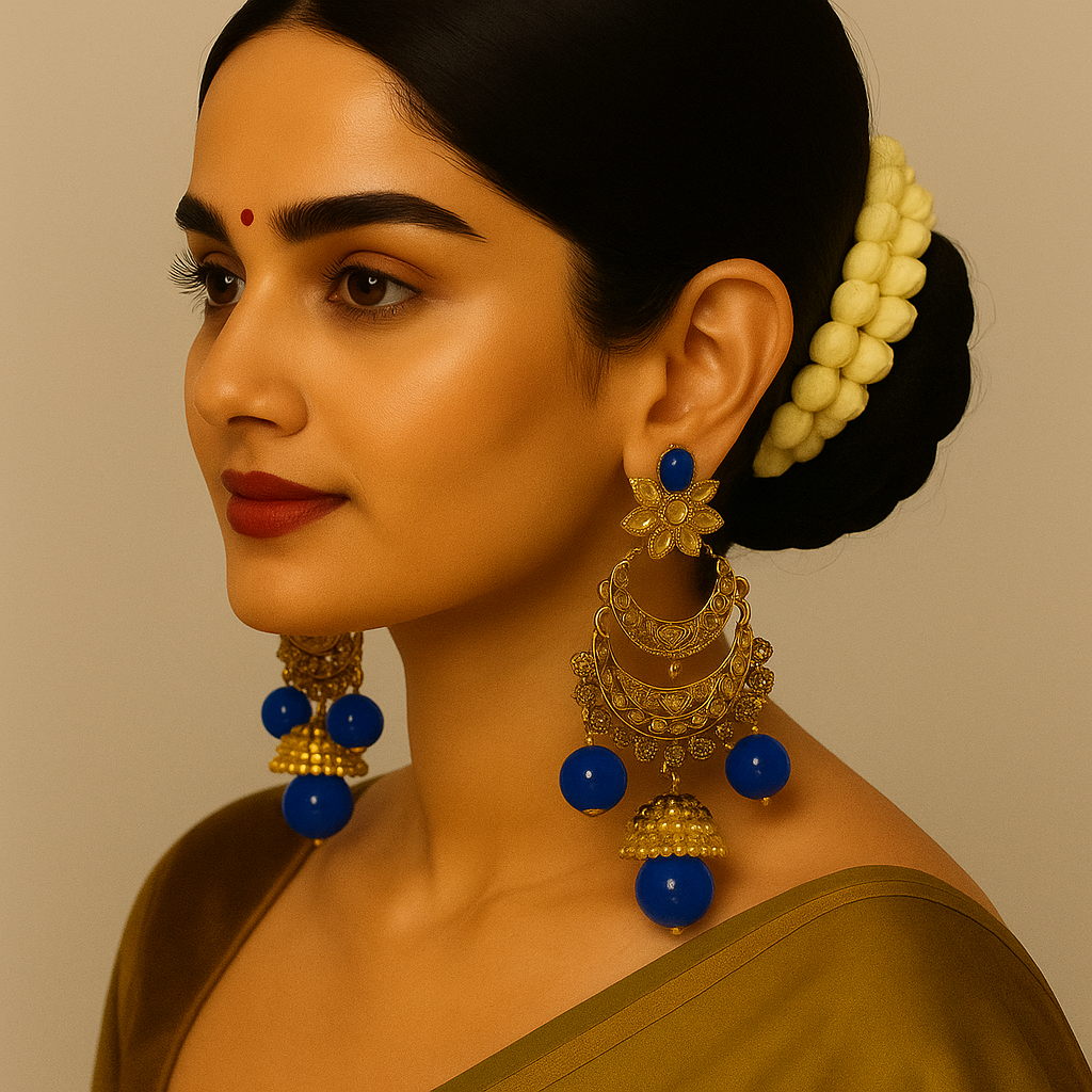 Royal Blue & Antique Gold Chandbali Jhumka Earrings – Premium Ethnic Statement Jewelry