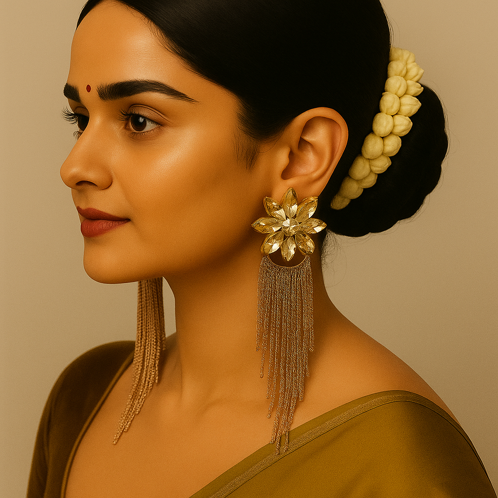 Elegant Gold-Toned Crystal Tassel Earrings – Statement Party Wear