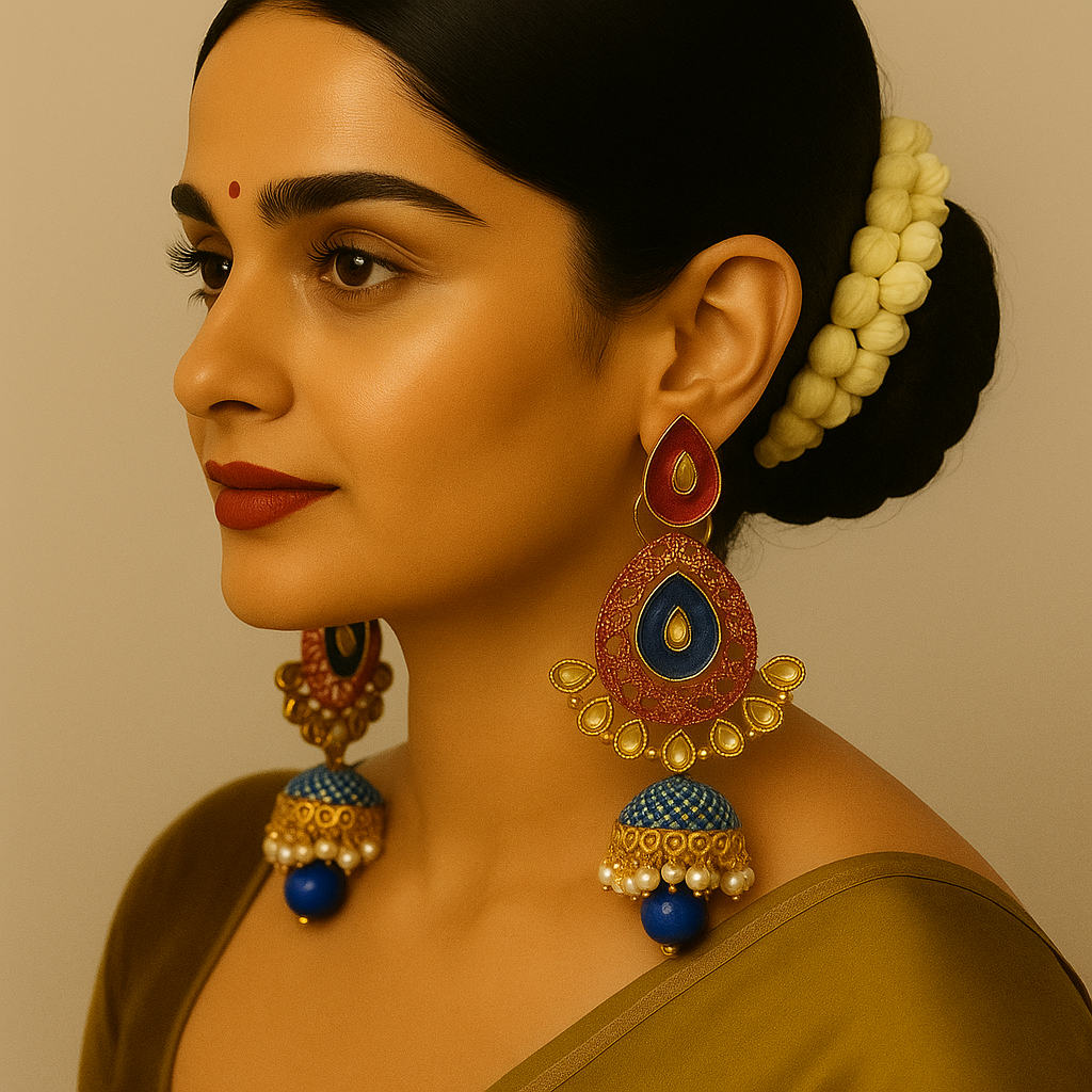 Traditional Red & Blue Jhumka Earrings β Handcrafted Ethnic Statement Jewelry