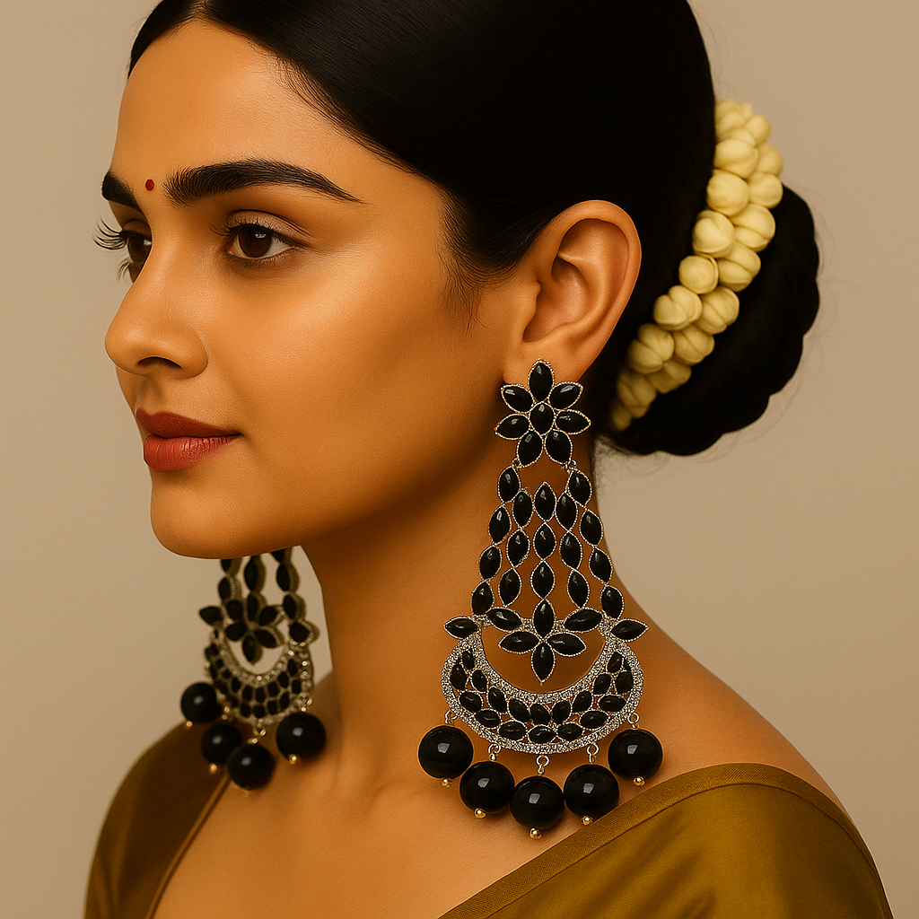 Black Crystal Long Chandbali Earrings β Premium Traditional Fashion Jewelry