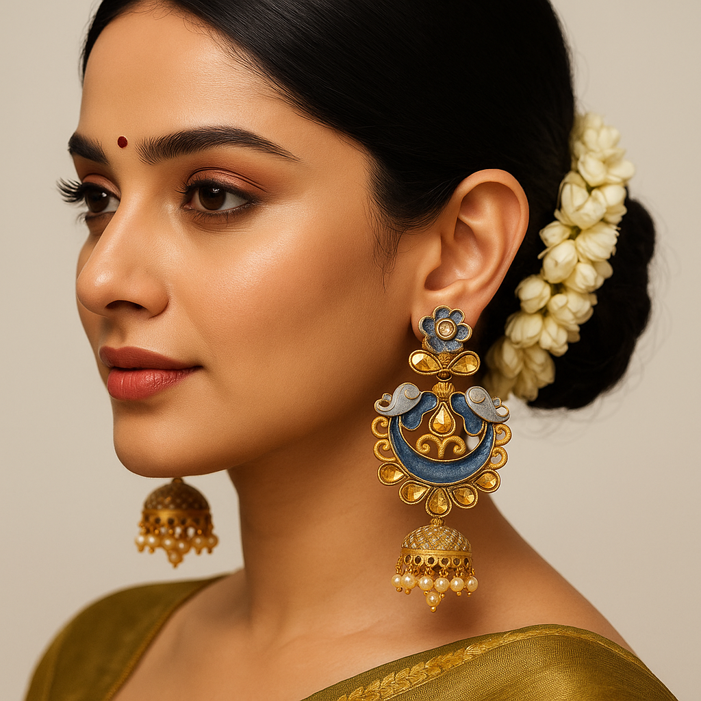 Handcrafted Blue & Gold Traditional Jhumka Earrings