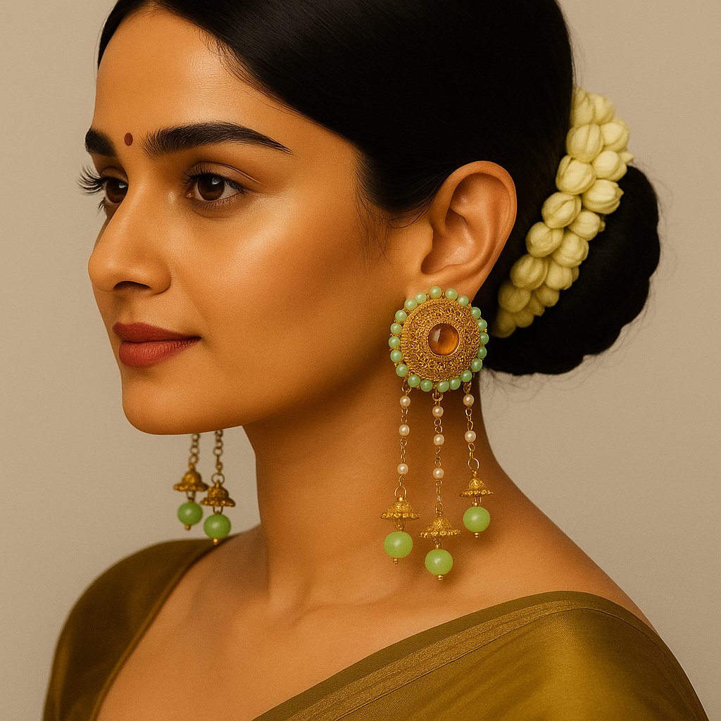 Mint Green & Gold Traditional Long Dangler Earrings – Premium Festive Wear