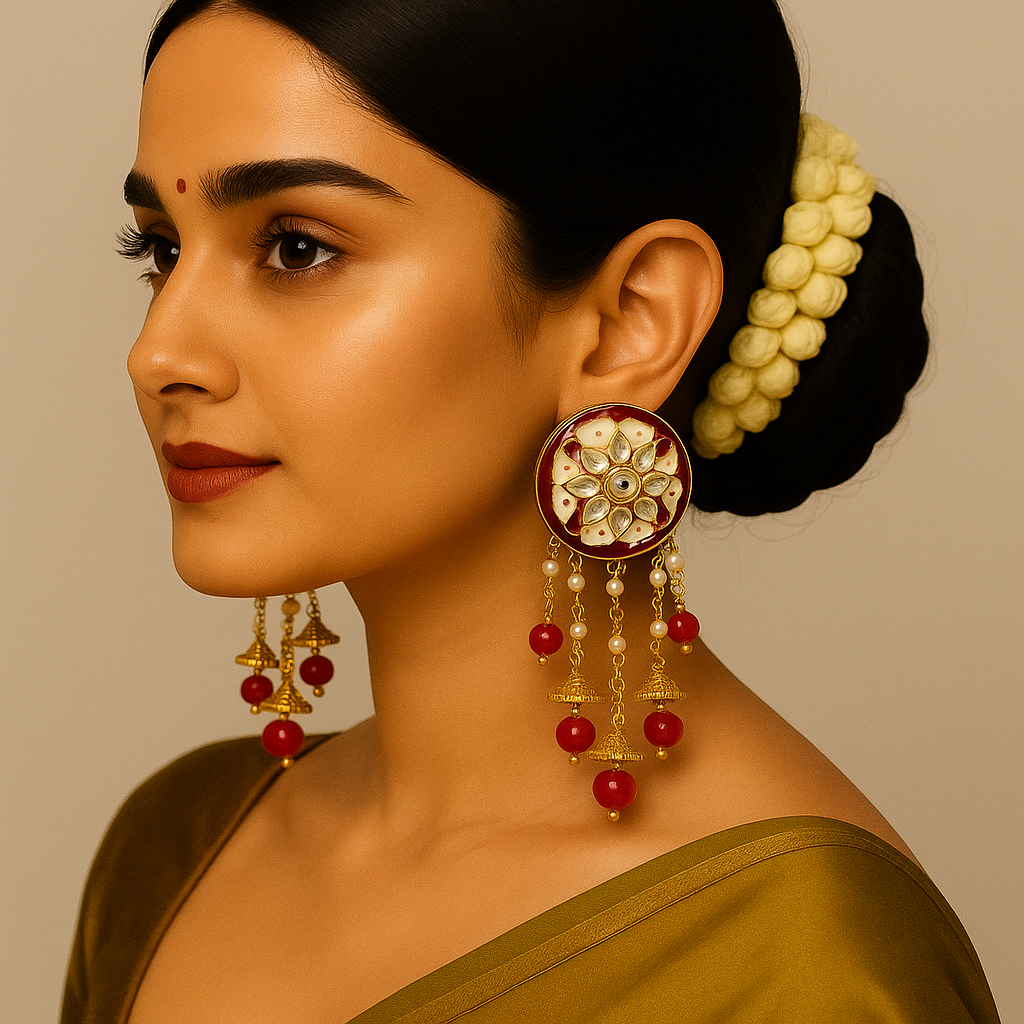 Red & Gold Kundan Floral Dangler Earrings – Premium Festive Jewelry