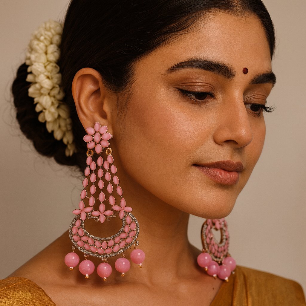 β¨ Pink Floral Statement Chandelier Earrings β Festive & Party Wear Jewelry β¨