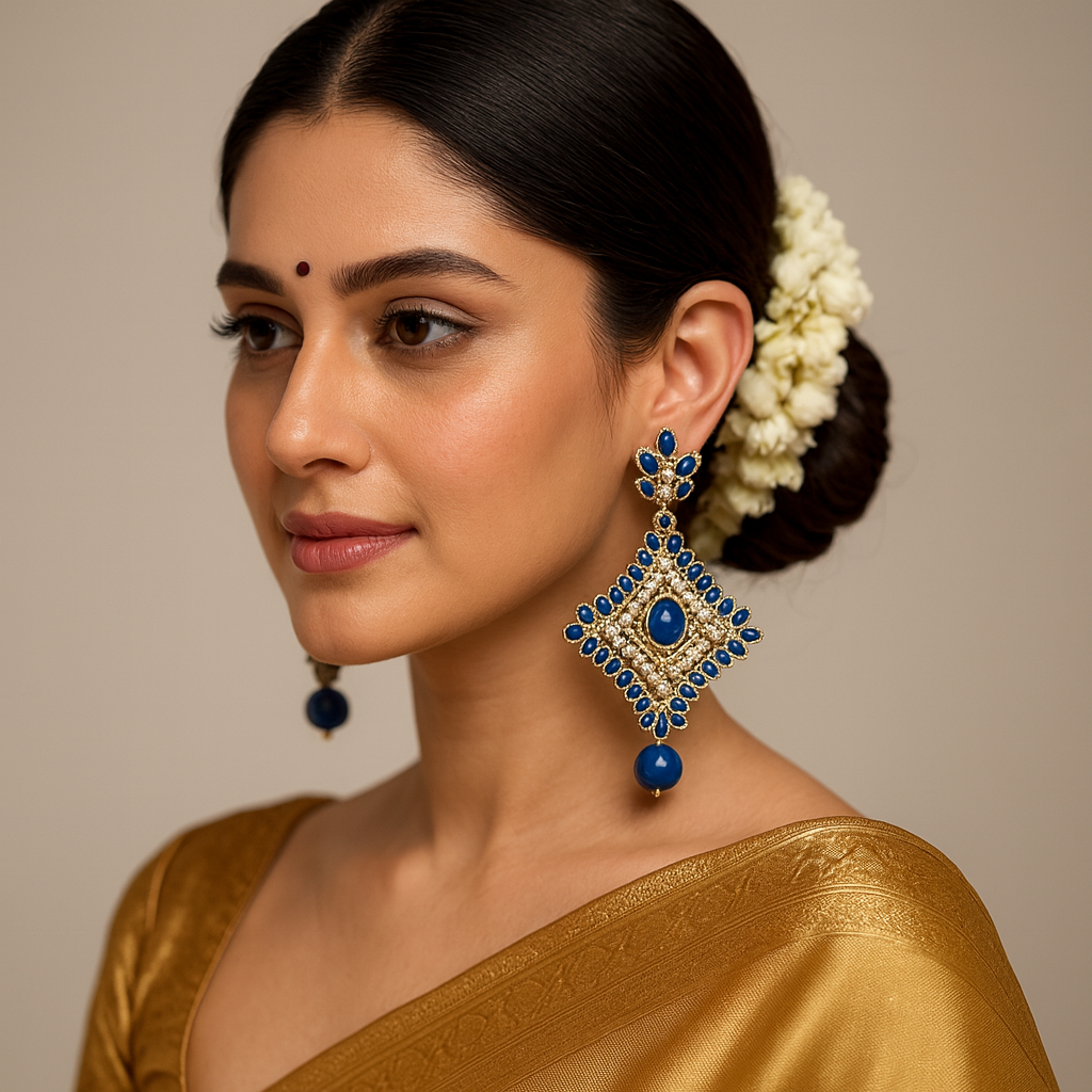 Blue Stone & Silver-Plated Traditional Statement Earring