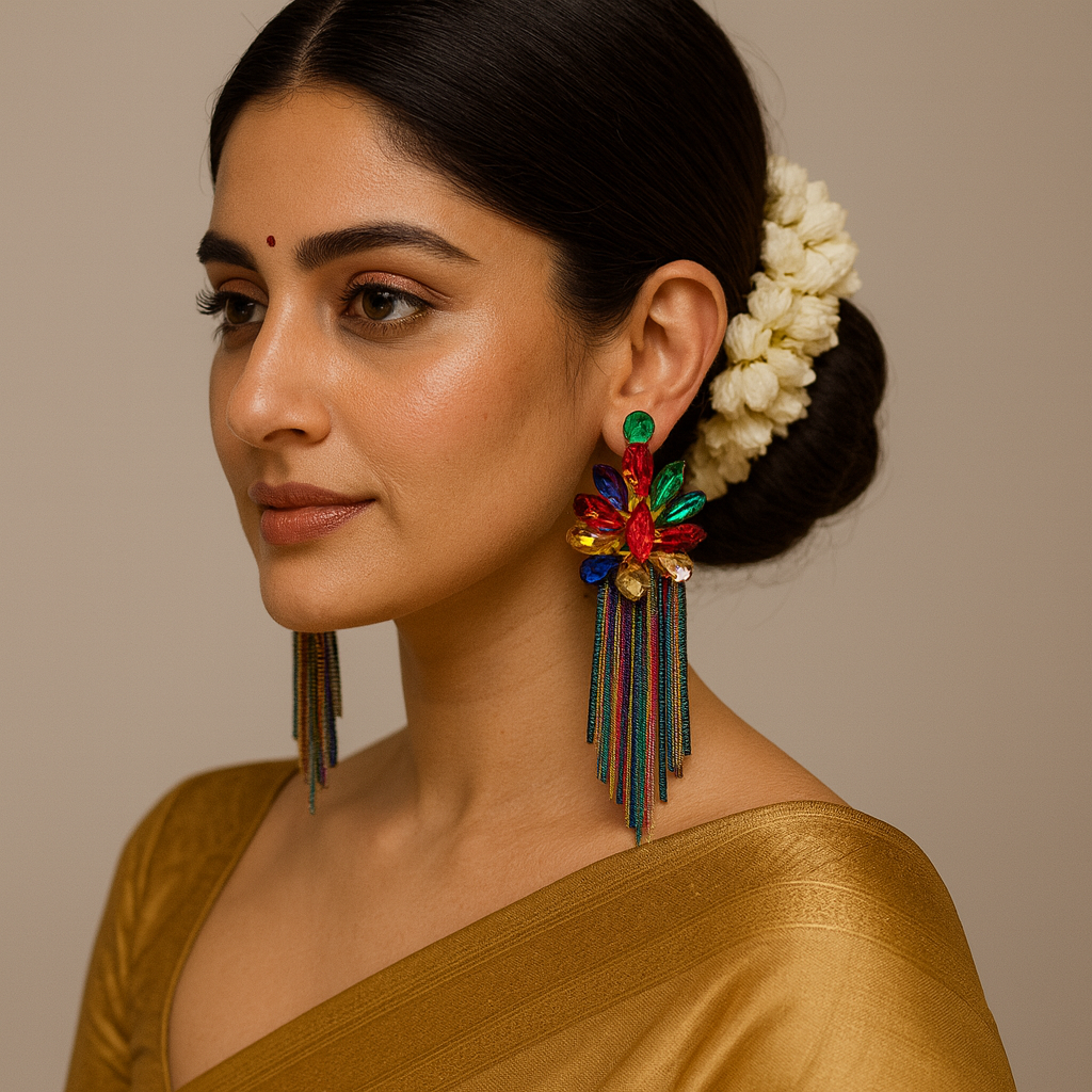 Multicolor Crystal Tassel Statement Earrings – Premium Festive & Party Wear