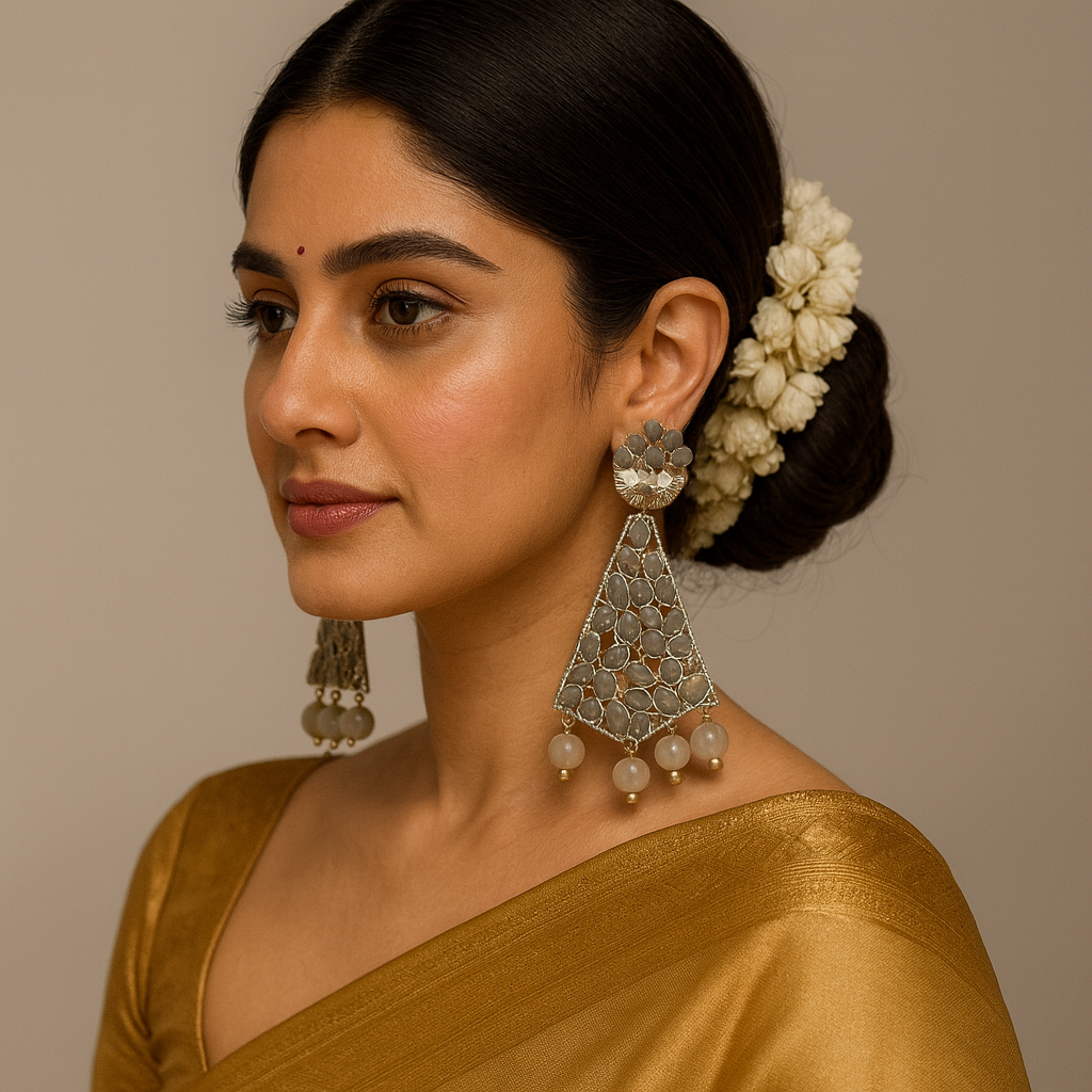 Grey Stone Floral Dangler Earrings – Elegant Ethnic & Fusion Wear