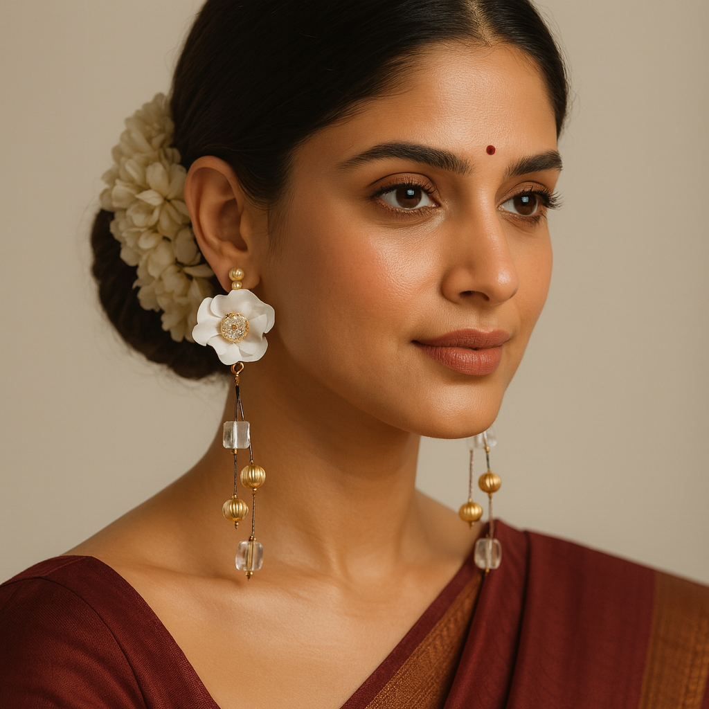 Elegant Floral Cascade Earrings – White & Gold