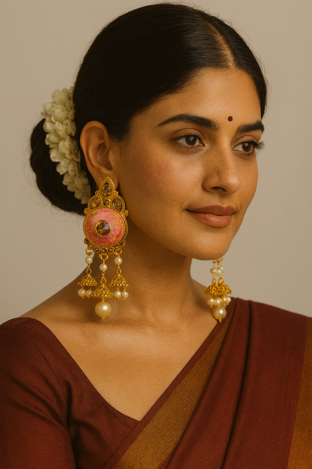 Gold-Plated Pink Enamel Chandbali Earrings with Pearl Danglers
