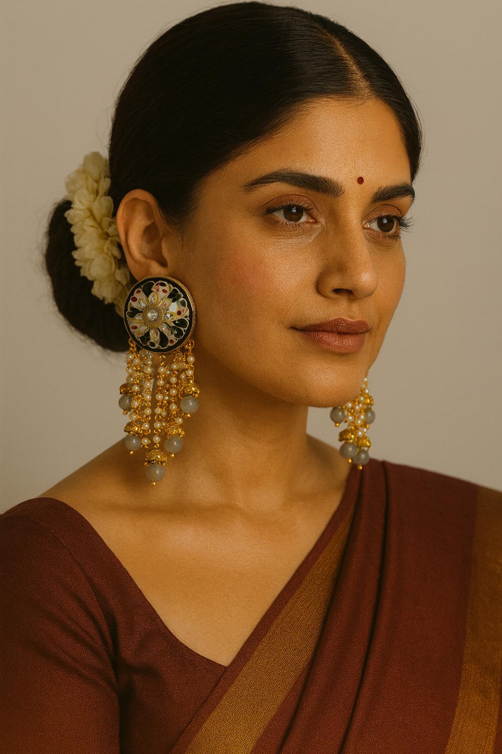 Black & White Meenakari Round Earrings with Pearl and Bead Chandeliers