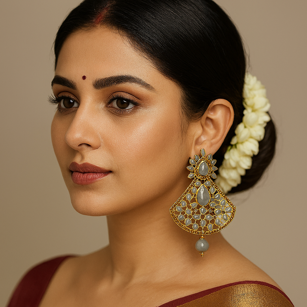Elegant Gold-Tone Statement Earrings with Grey Stones – Traditional Indian Design