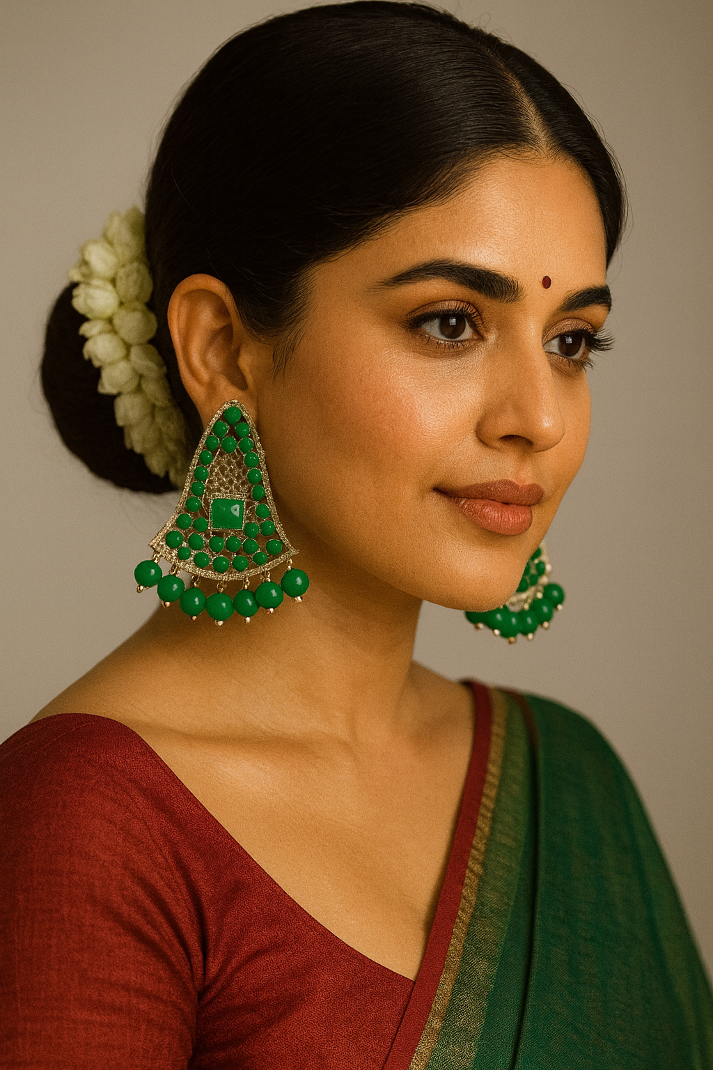 π Green Stone & Silver-Toned Traditional Statement Earrings