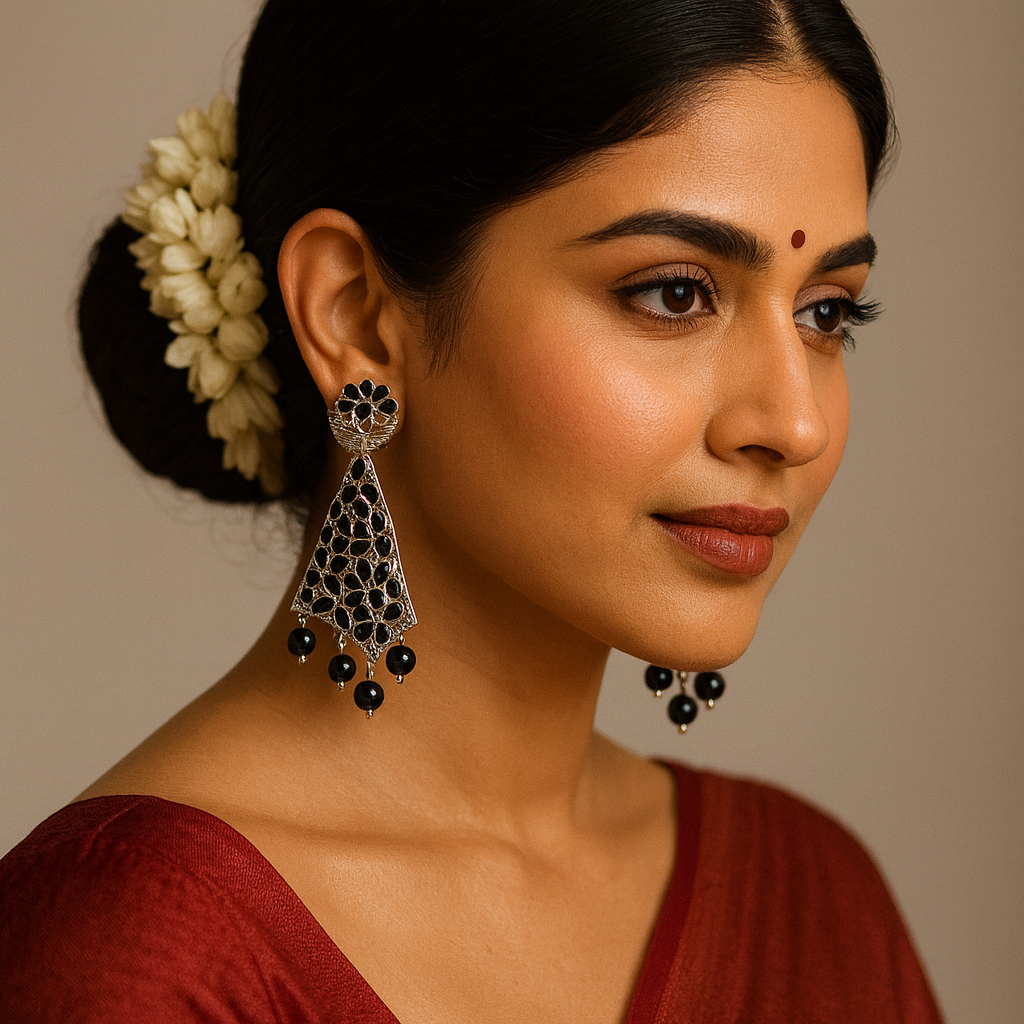 π€ Elegant Black Stone Silver-Toned Statement Earrings