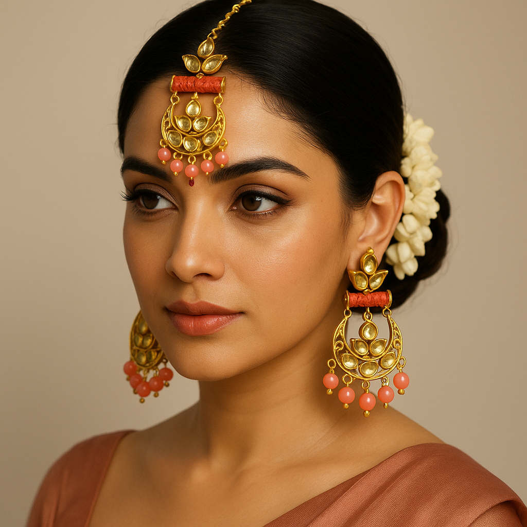 Traditional Kundan & Bead Chandbali Earrings with Matching Maang Tikka – Gold & Coral Pink