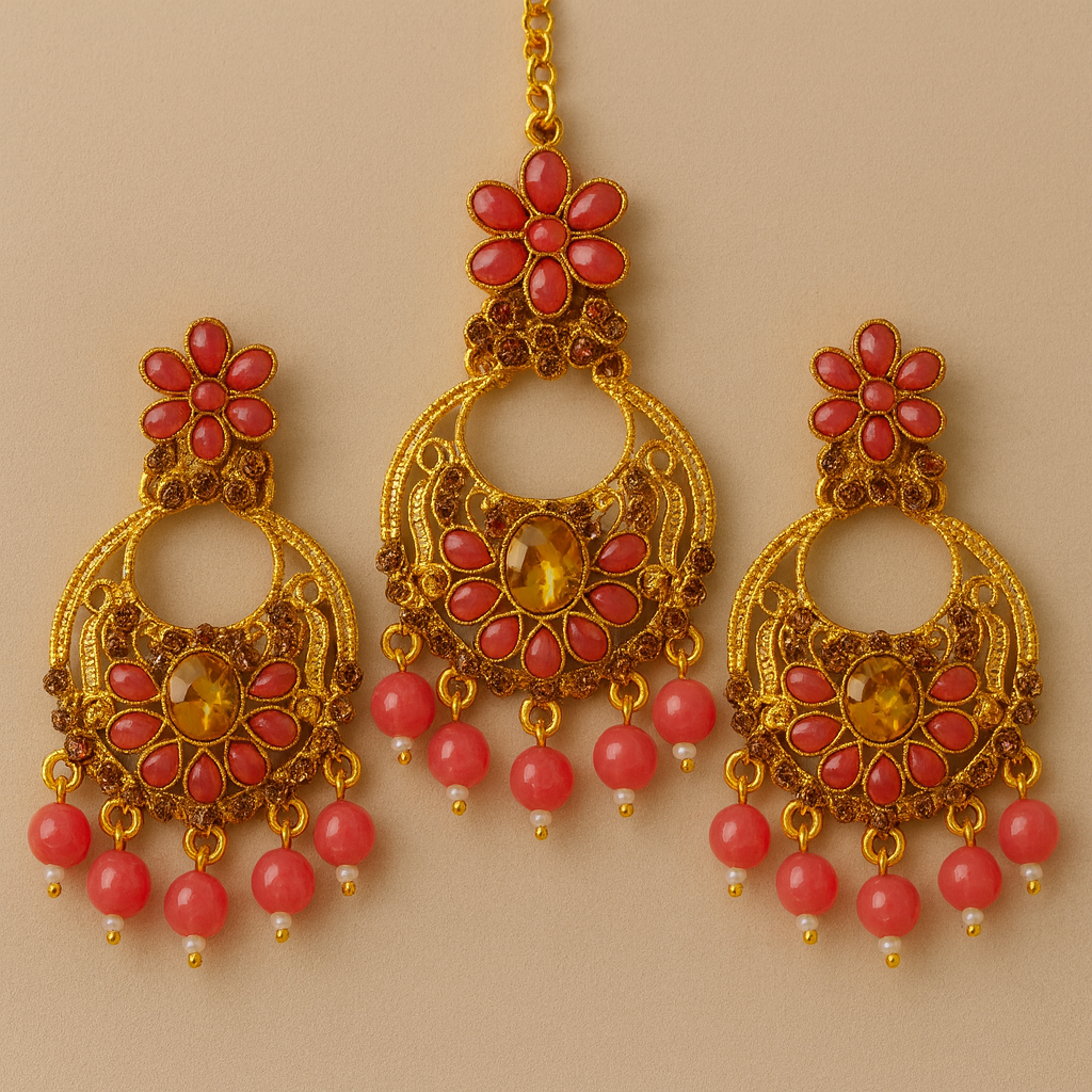 Traditional Gold-Toned Kundan & Bead Chandbali Earrings with Matching Maang Tikka β Pink Floral Design