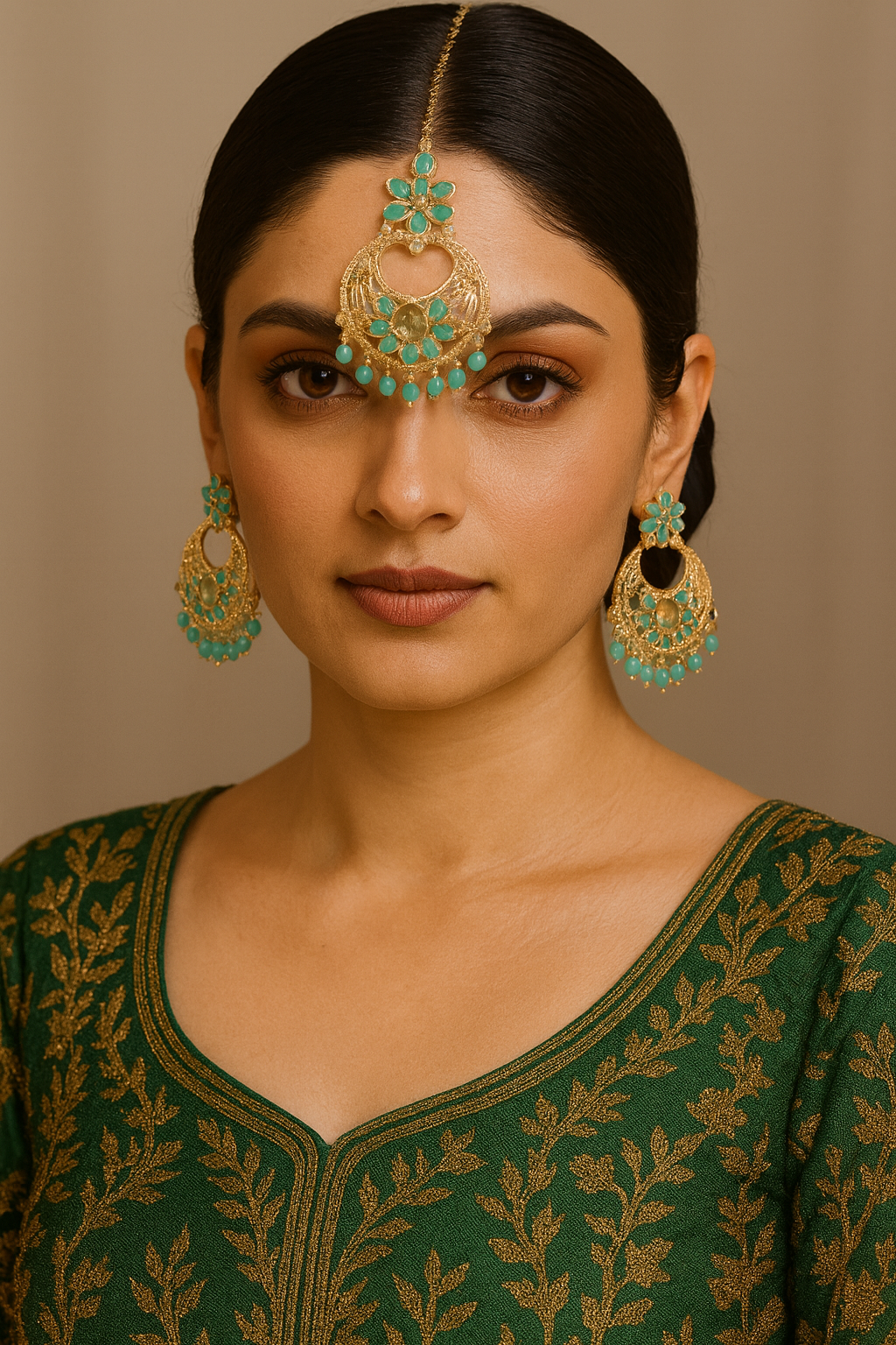 Gold-Plated Kundan Earrings with Turquoise Green Stones & Bead Drops – Traditional 3-Piece Jewelry Set