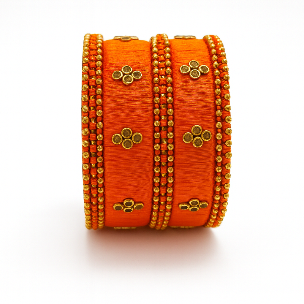 Handcrafted Orange Silk Thread Bangles with Golden Bead Detailing