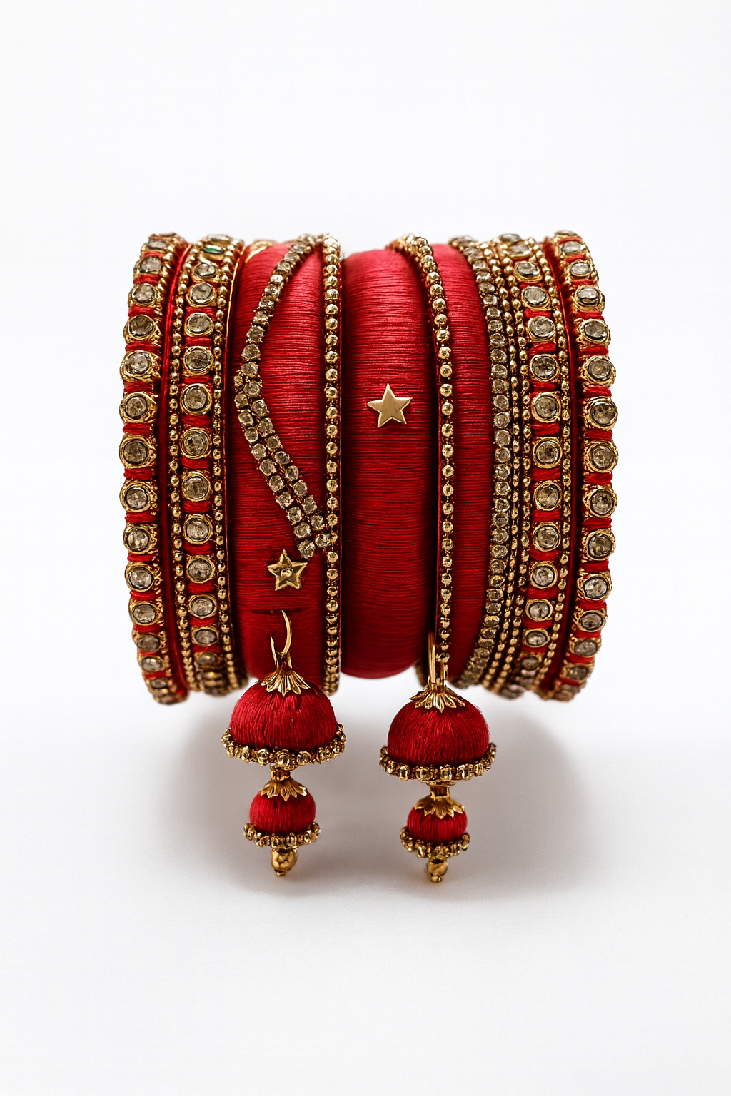 Handcrafted Red Silk Thread Bangle Set with Golden Stones & Jhumka Tassels