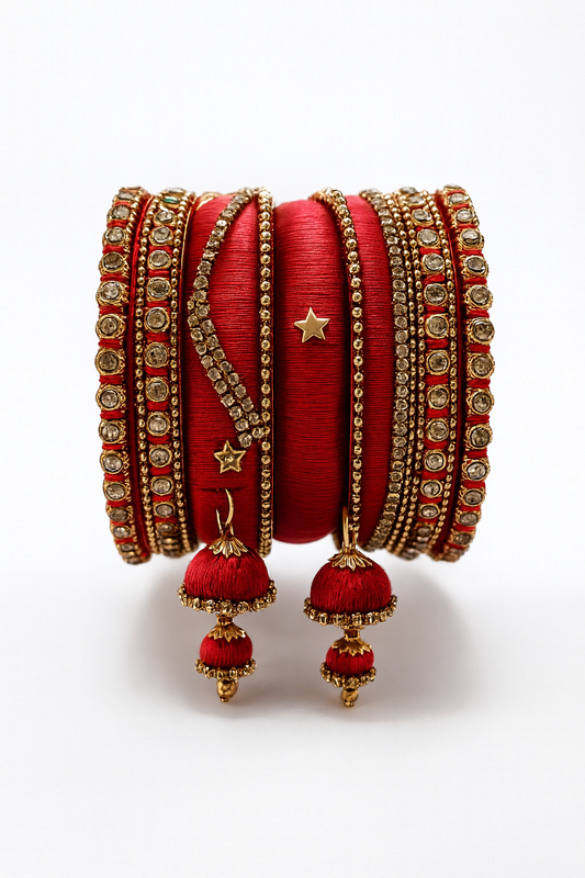 Handcrafted Red Silk Thread Bangle Set with Golden Stones & Jhumka Tassels