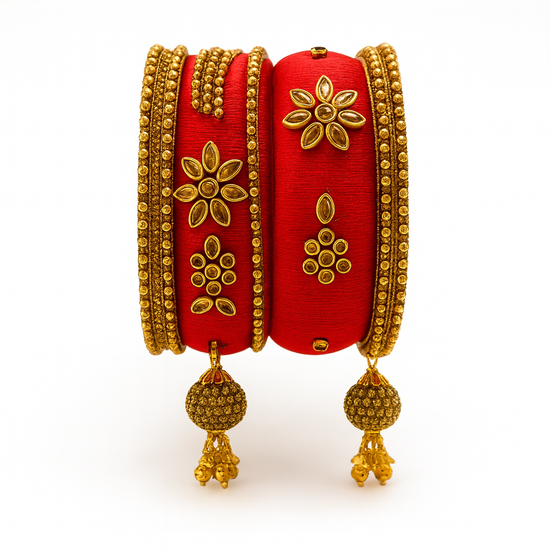 Handcrafted Red Silk Thread Bangle Set with Golden Floral Stones & Heavy Jhumka Charms