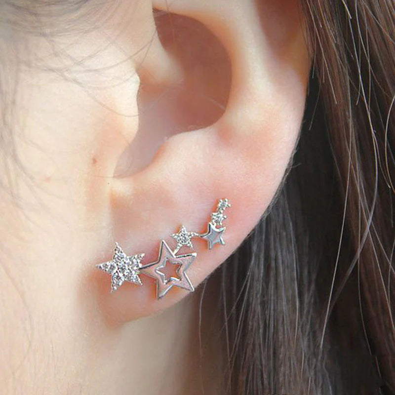 Silver Multi-Star Ear Climber Earrings – Sparkling Starry Night Design