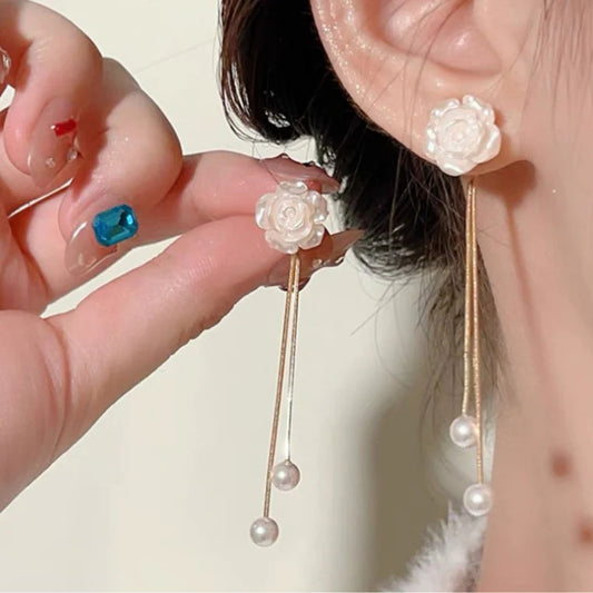 White Camellia Tassel Earrings (1 Set)