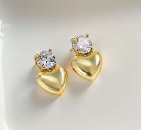 Gold Heart Stud Earrings with Zircon Stone – Elegant Jewellery for Women & Girls