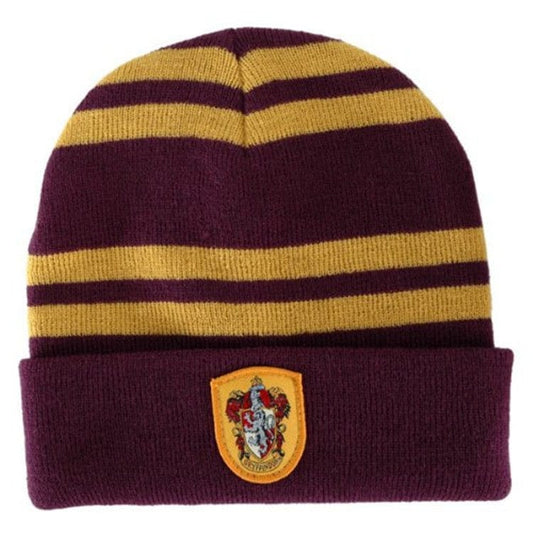 Premium Maroon & Mustard Striped Winter Knit Beanie with Embroidered Crest