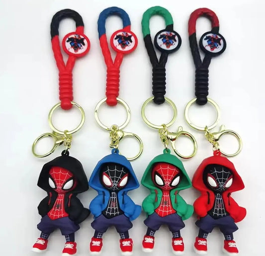 Spider-Man Hoodie Cartoon Keychain Set – 4 Pcs Superhero PVC Key Rings for Bags & Keys.