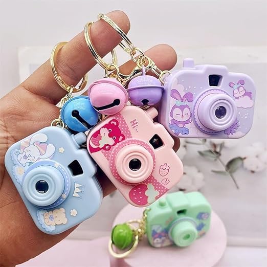 Cute Cartoon Camera Keychain with Bell – Hello Kitty, My Melody, Kuromi & Cinnamoroll Designs