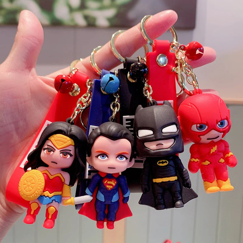 Superhero Cartoon Keychain Set with Batman, Superman, Wonder Woman & Flash – 3D Rubber Key Rings (Pack of 4)