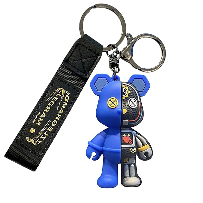 Half & Half Bear Keychain – Stylish Cartoon Robot Bear Design with Strap