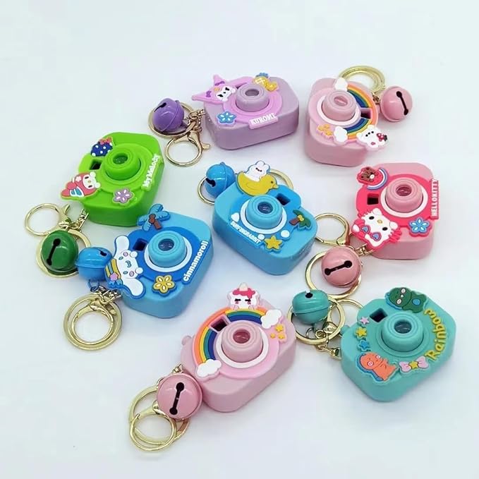 Cute Cartoon Camera Keychain with Bell – Hello Kitty, My Melody, Kuromi & Cinnamoroll Designs