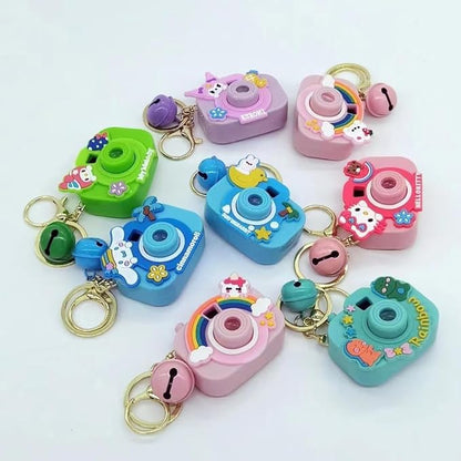 Cute Cartoon Camera Keychain with Bell – Hello Kitty, My Melody, Kuromi & Cinnamoroll Designs
