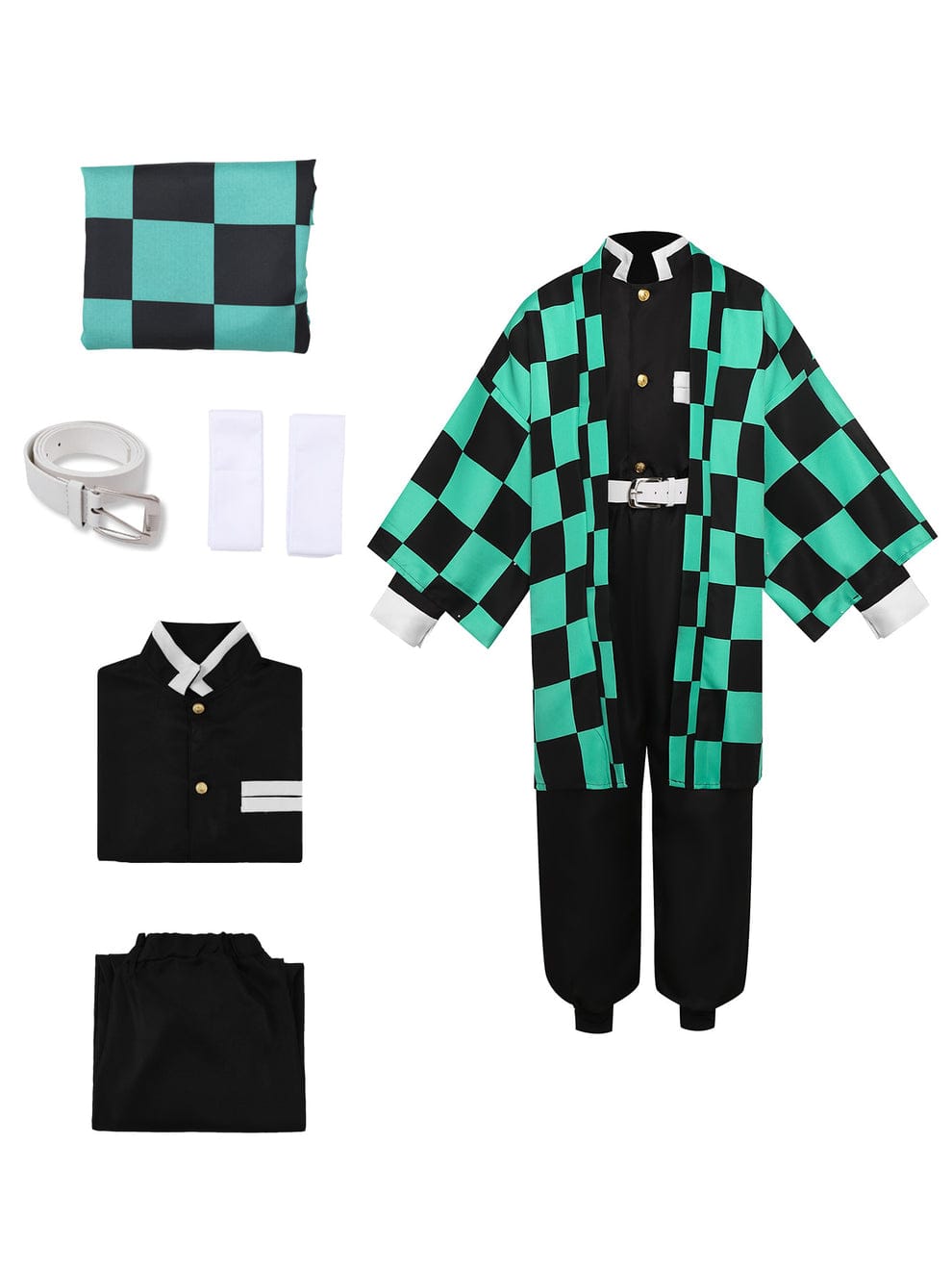 Green & Black Checkered Anime Kimono Cosplay Costume Set (Complete Outfit with Belt & Wraps).