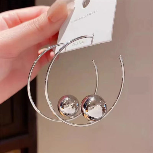 Modern Geometric Hoop Earrings – Sterling Silver with Metallic Orb Accent