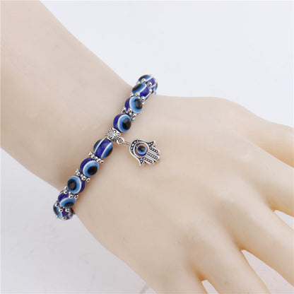 Blue Evil Eye Beaded Bracelet with Hamsa Charm – 8mm Beads