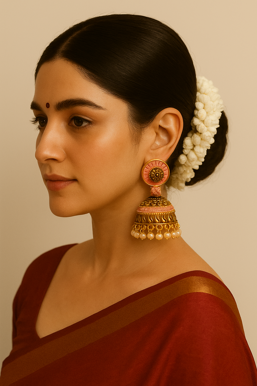 Elegant Pink & Gold Pearl Jhumka Earrings